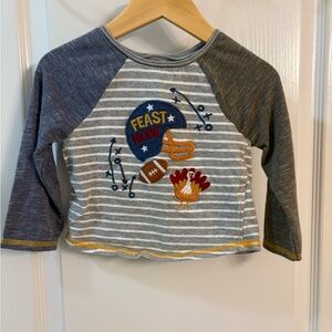 Mud Pie Gray and Blue Raglan Tee with Feast Mode Graphic Thanksgiving